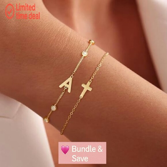 Gold Plated Initial Cross Bracelet Set Adjustable 8.5 Inches - Picture 3 of 8